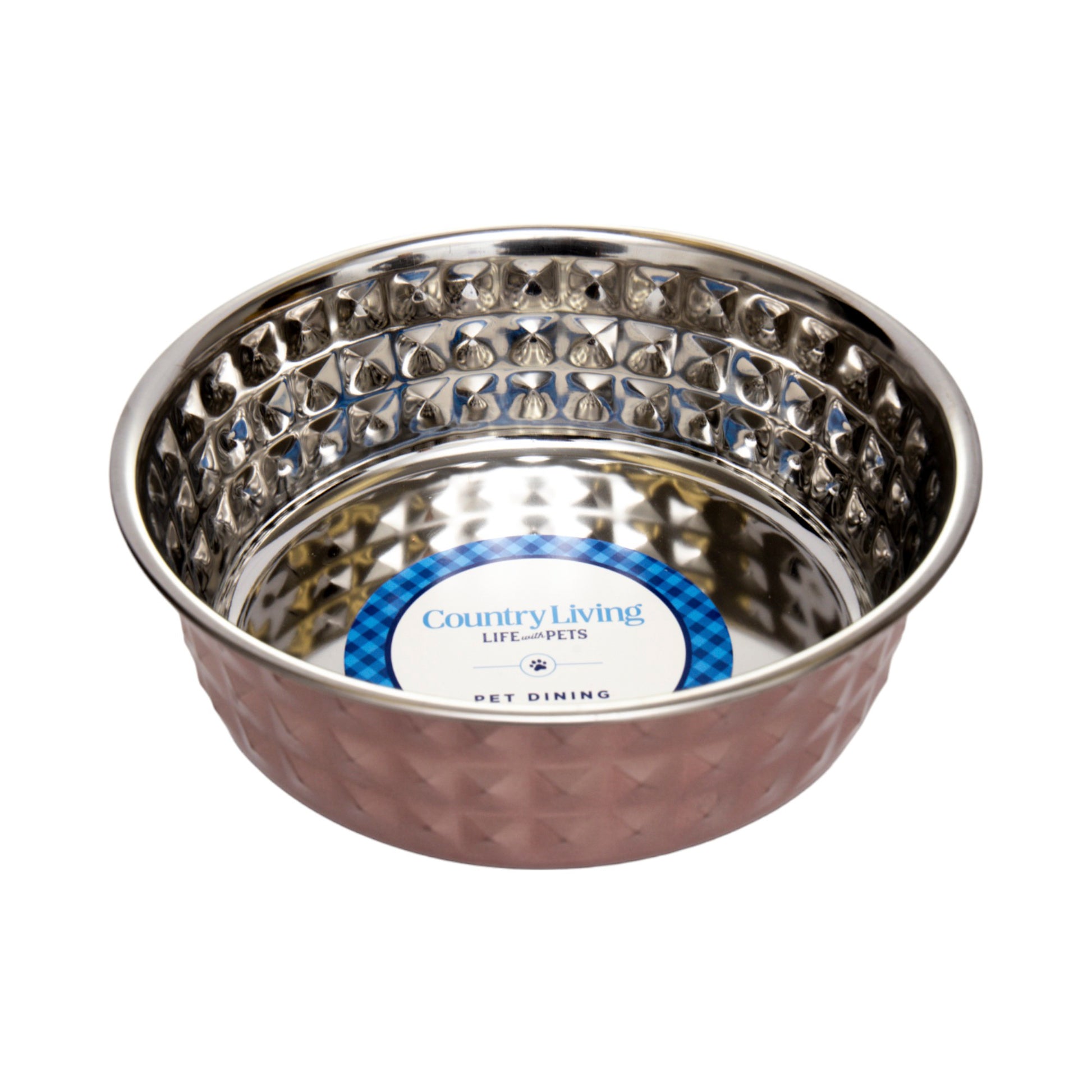 Stainless steel diamond textured dog bowl in rose quartz