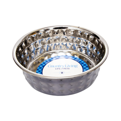 Hammered stainless steel dog bowl in black pearl finish