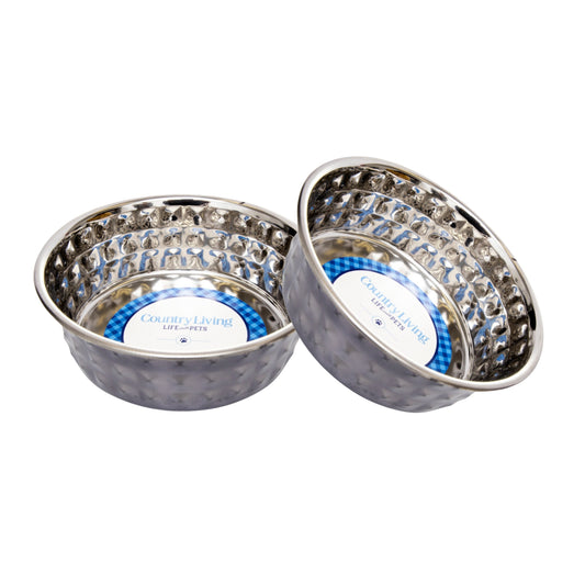 Hammered stainless steel dog bowl in black pearl finish
