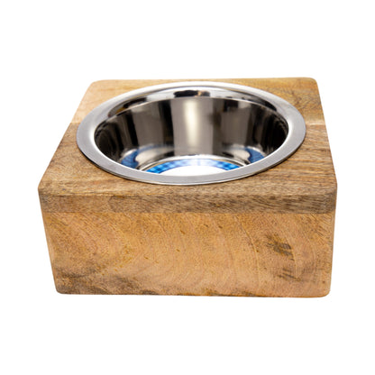 Stainless steel dog bowl with square mango wood holder