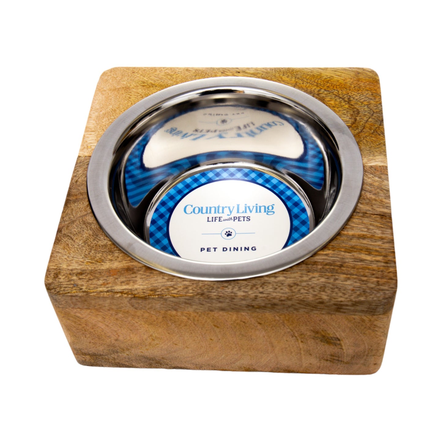 Stainless steel dog bowl with square mango wood holder