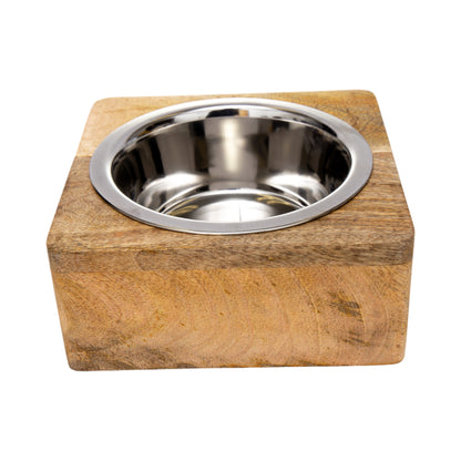 Stainless steel dog bowl with square mango wood holder