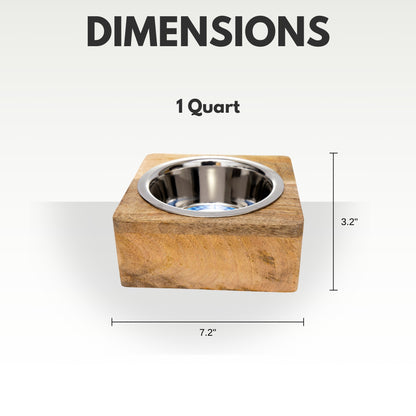 Stainless steel dog bowl with square mango wood holder