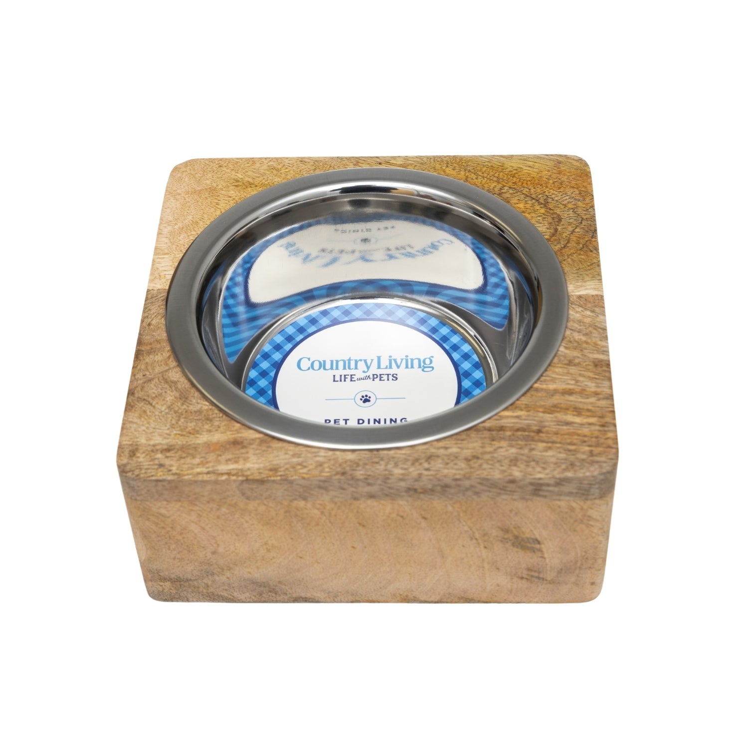 Stainless steel dog bowl with square mango wood holder