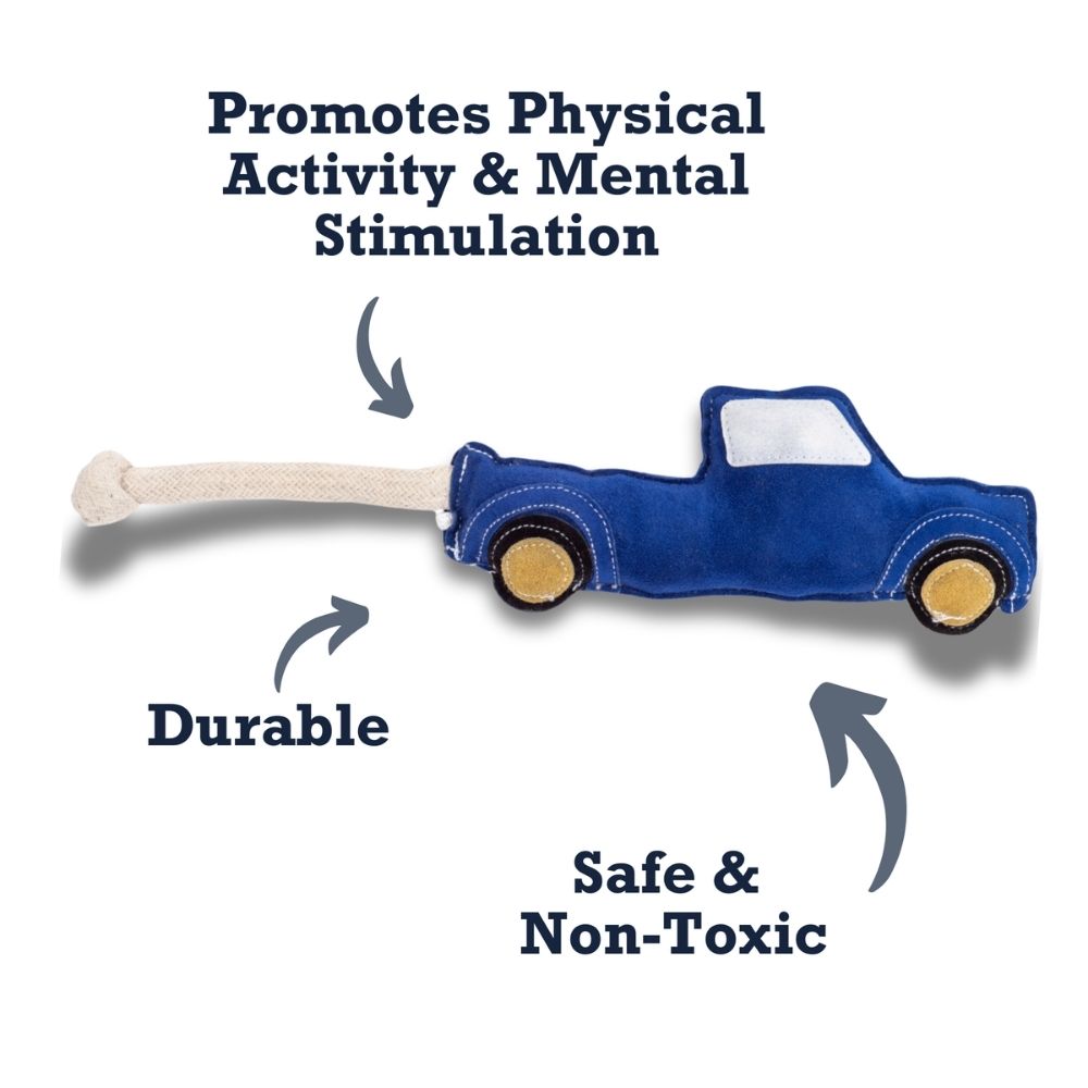 Blue pickup truck dog toy made from vegan leather