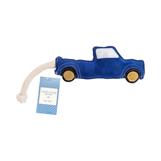 Blue pickup truck dog toy made from vegan leather