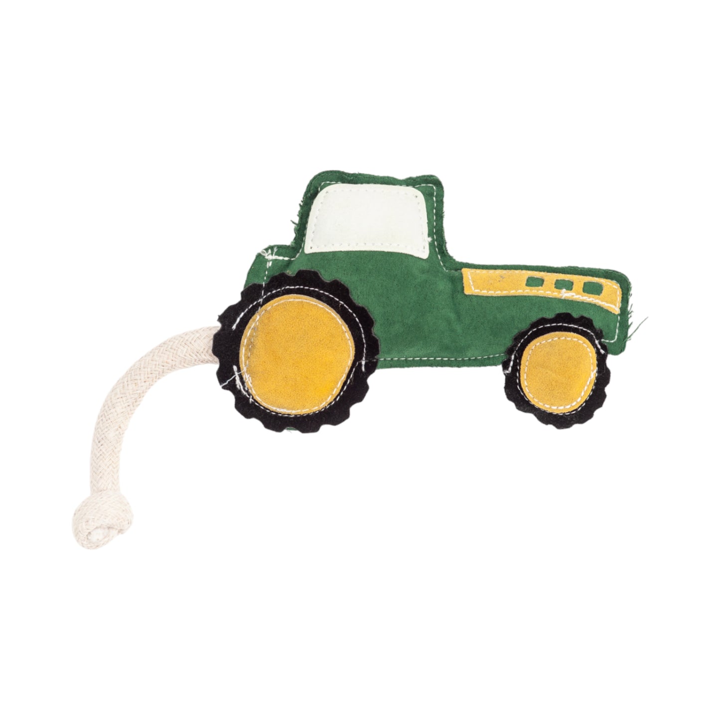 Green tractor dog toy made from vegan leather