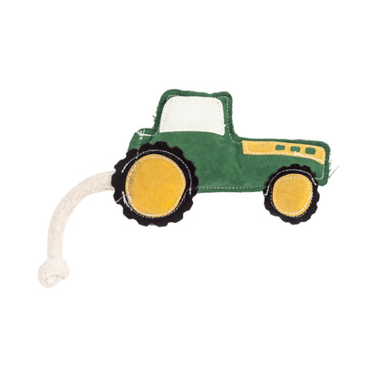 Green tractor dog toy made from vegan leather