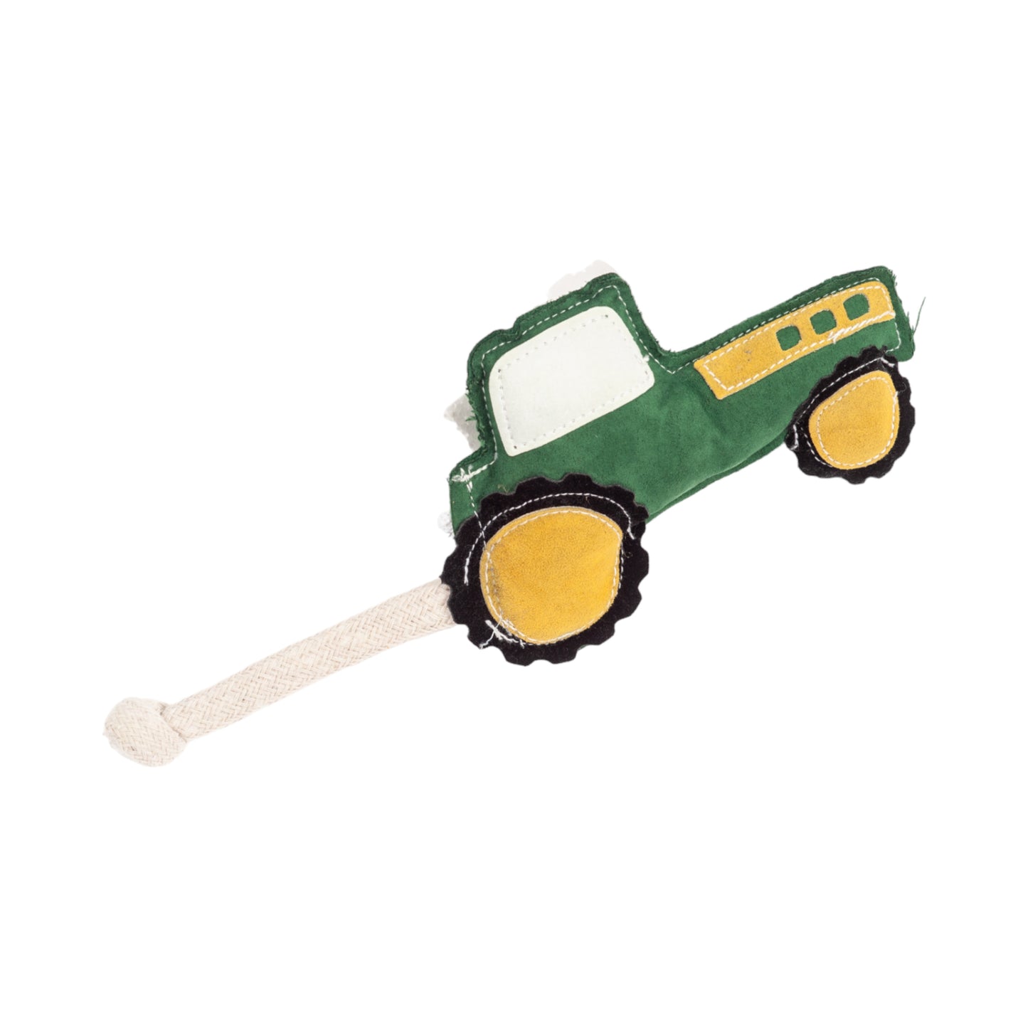Green tractor dog toy made from vegan leather