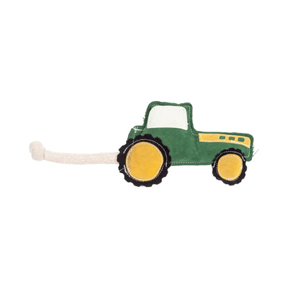 Green tractor dog toy made from vegan leather