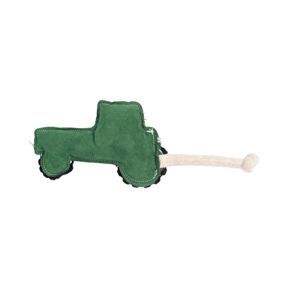 Green tractor dog toy made from vegan leather