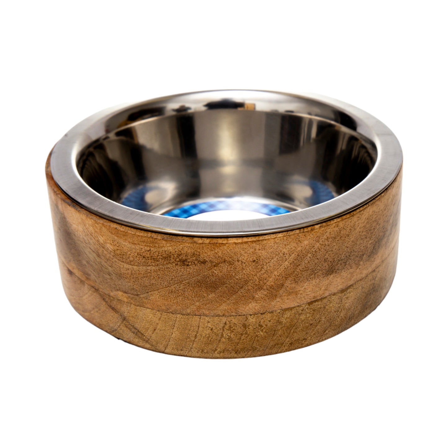 Stainless steel dog bowl with cylindrical mango wood holder