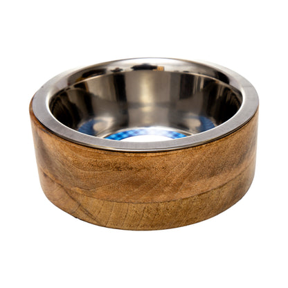 Stainless steel dog bowl with cylindrical mango wood holder