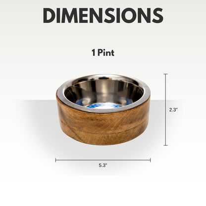 Stainless steel dog bowl with cylindrical mango wood holder