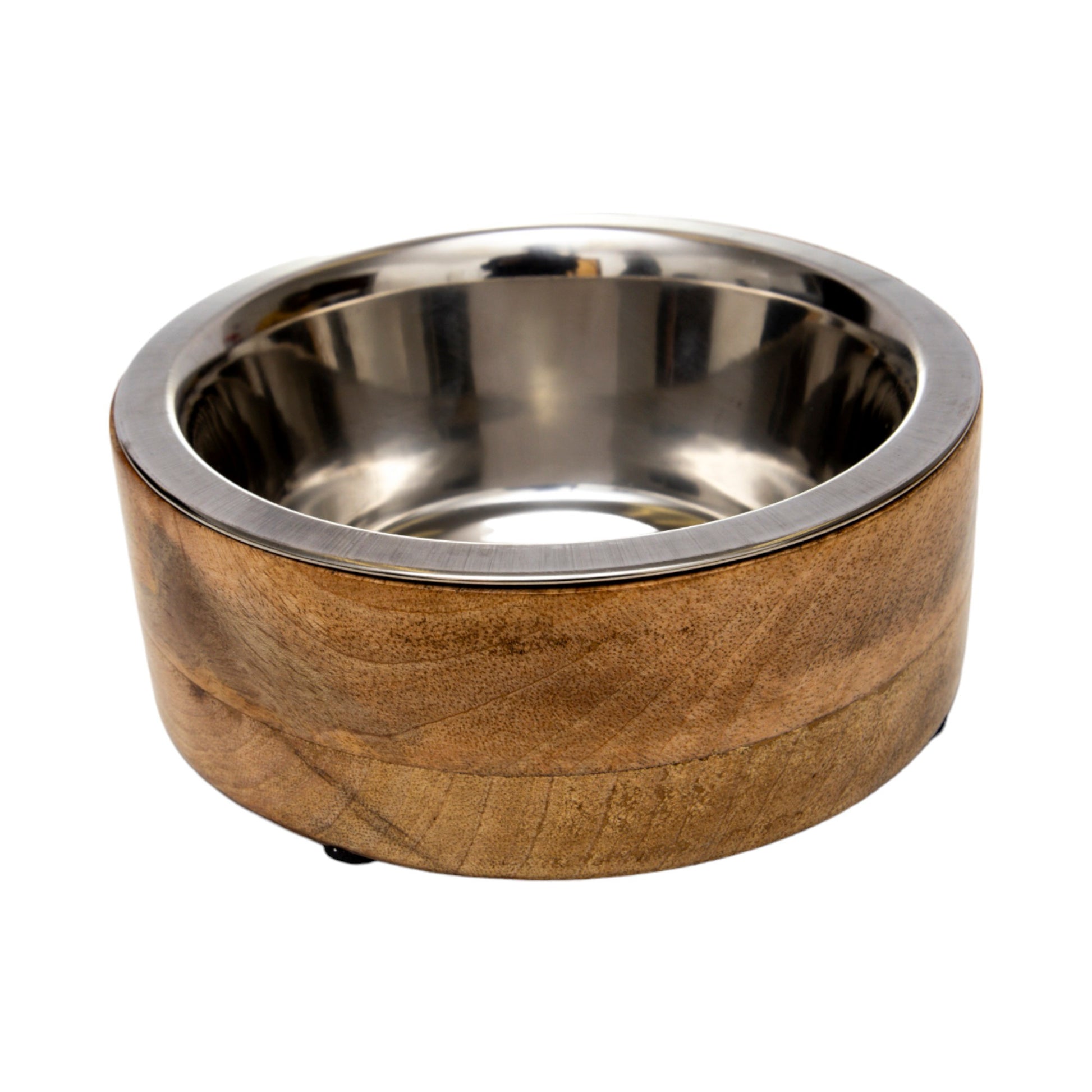 Stainless steel dog bowl with cylindrical mango wood holder