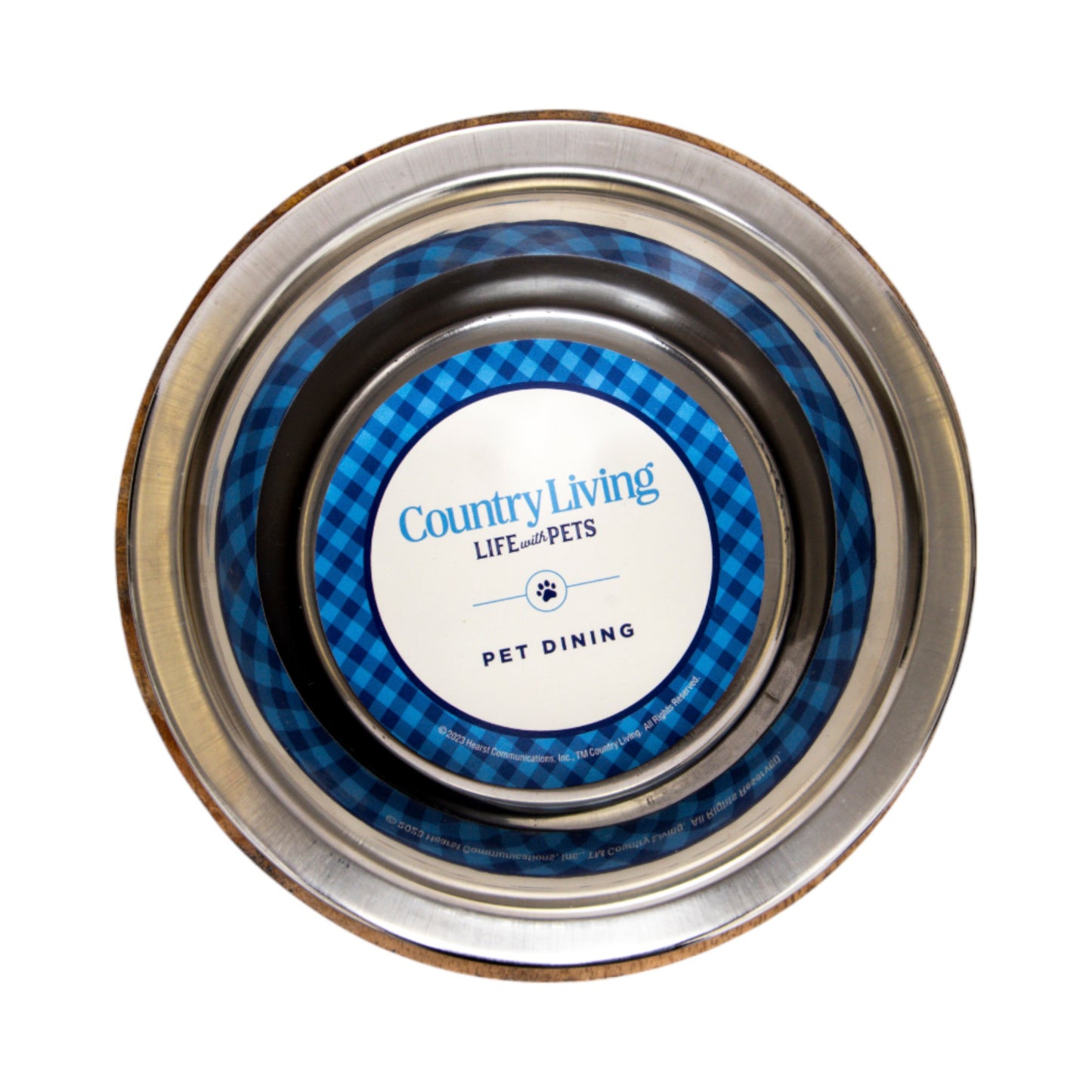 Stainless steel dog bowl with cylindrical mango wood holder