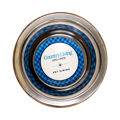 Stainless steel dog bowl with cylindrical mango wood holder