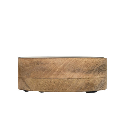 Stainless steel dog bowl with cylindrical mango wood holder