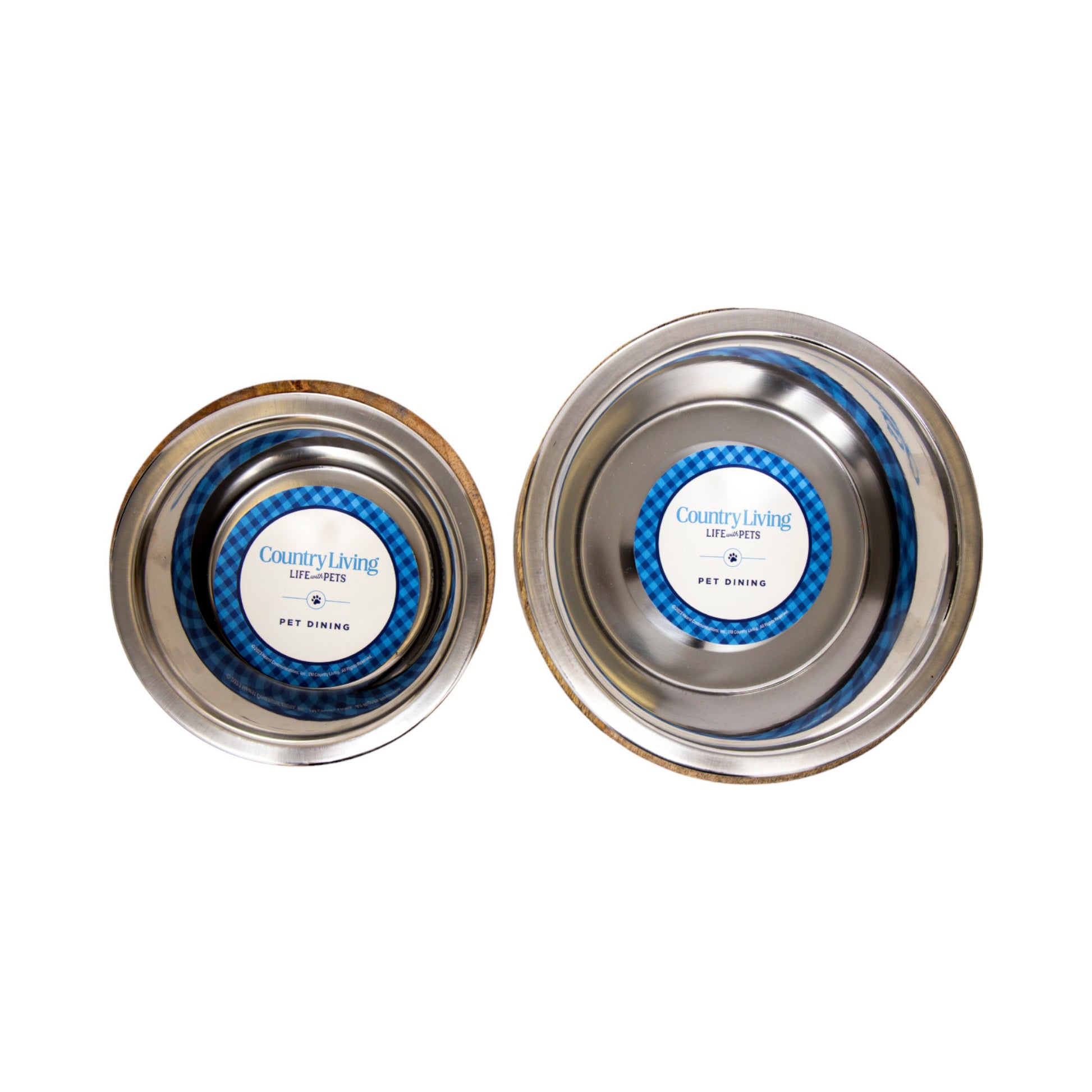 Stainless steel dog bowl with cylindrical mango wood holder