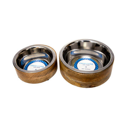 Stainless steel dog bowl with cylindrical mango wood holder