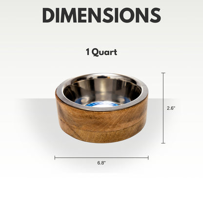 Stainless steel dog bowl with cylindrical mango wood holder
