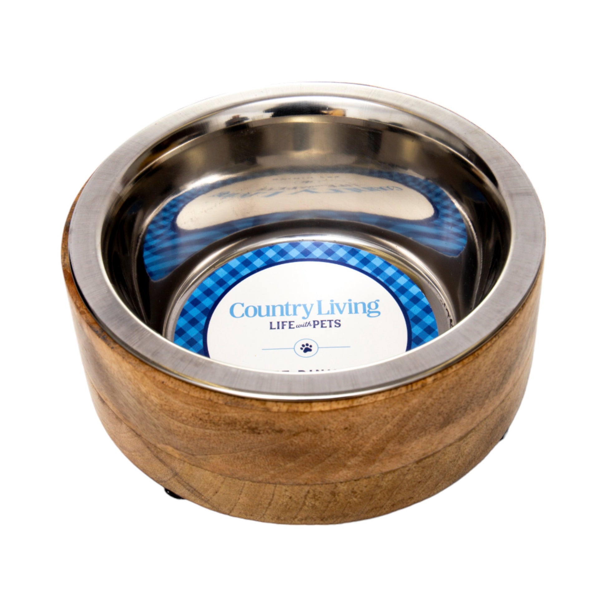 Stainless steel dog bowl with cylindrical mango wood holder