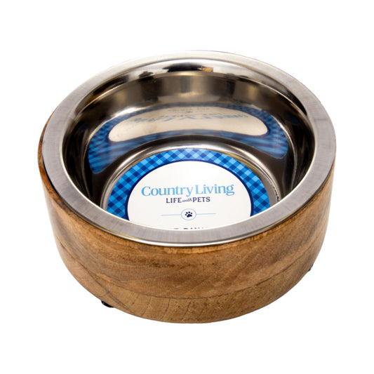 Stainless steel dog bowl with cylindrical mango wood holder