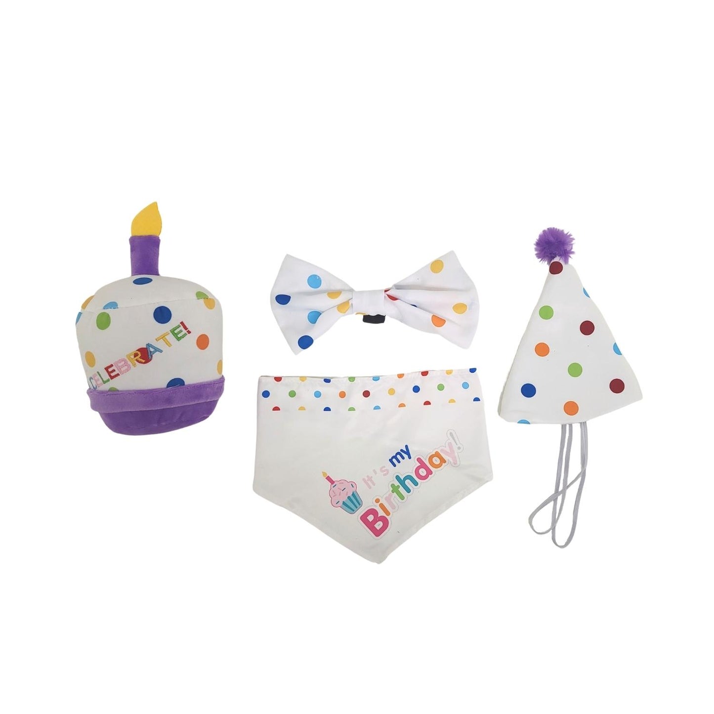 4 piece dog birthday kit bandana hat bow tie and plush toy party set