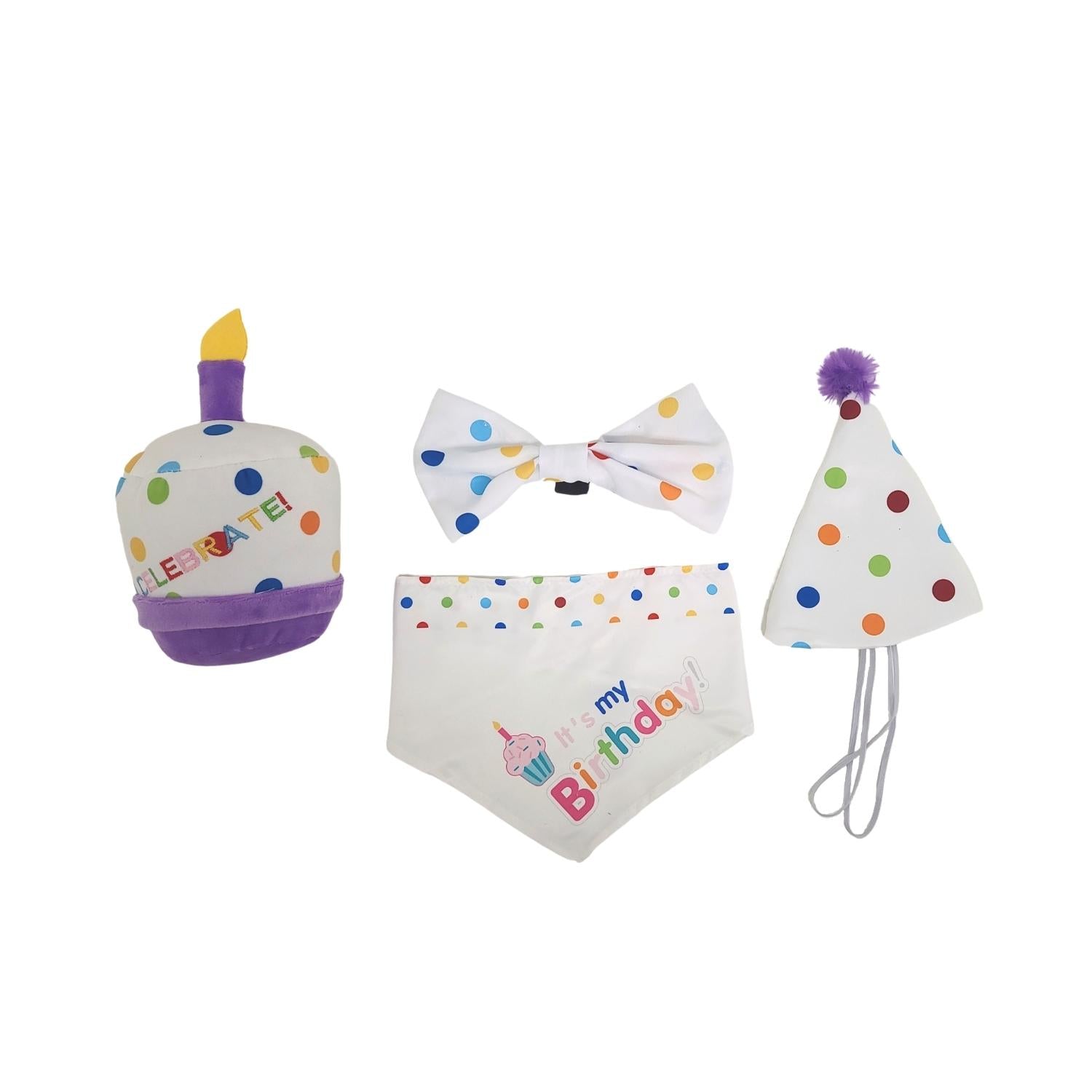 4 piece dog birthday kit bandana hat bow tie and plush toy party set