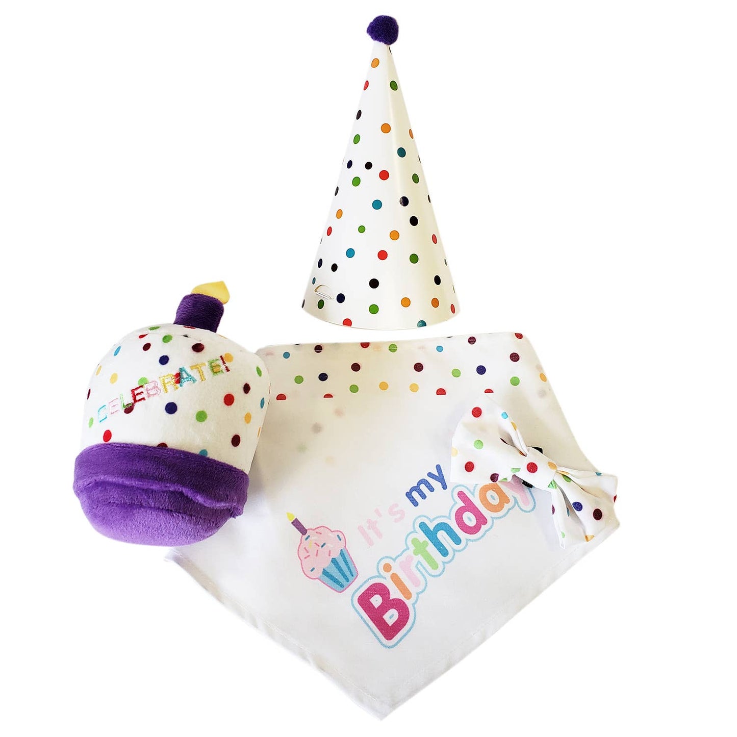 4 piece dog birthday kit bandana hat bow tie and plush toy party set