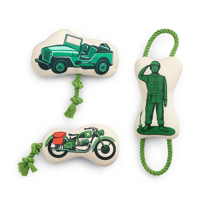 Dog chew toy set 3 pack retro army canvas dog toys with rope squeaker and crinkle