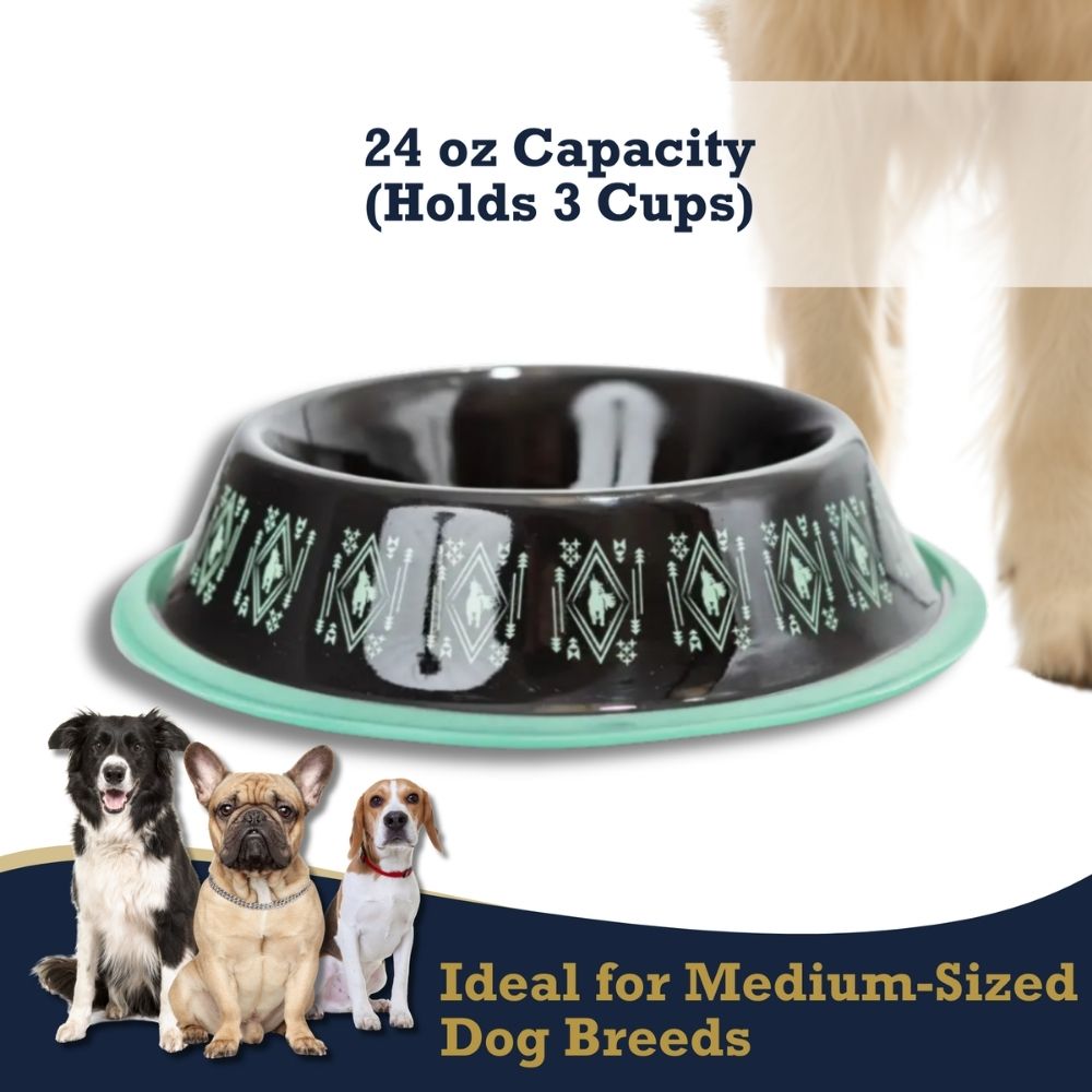 black boho stainless steel dog bowl with non skid base