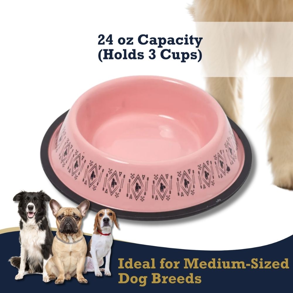 pink boho stainless steel dog bowl with non skid base