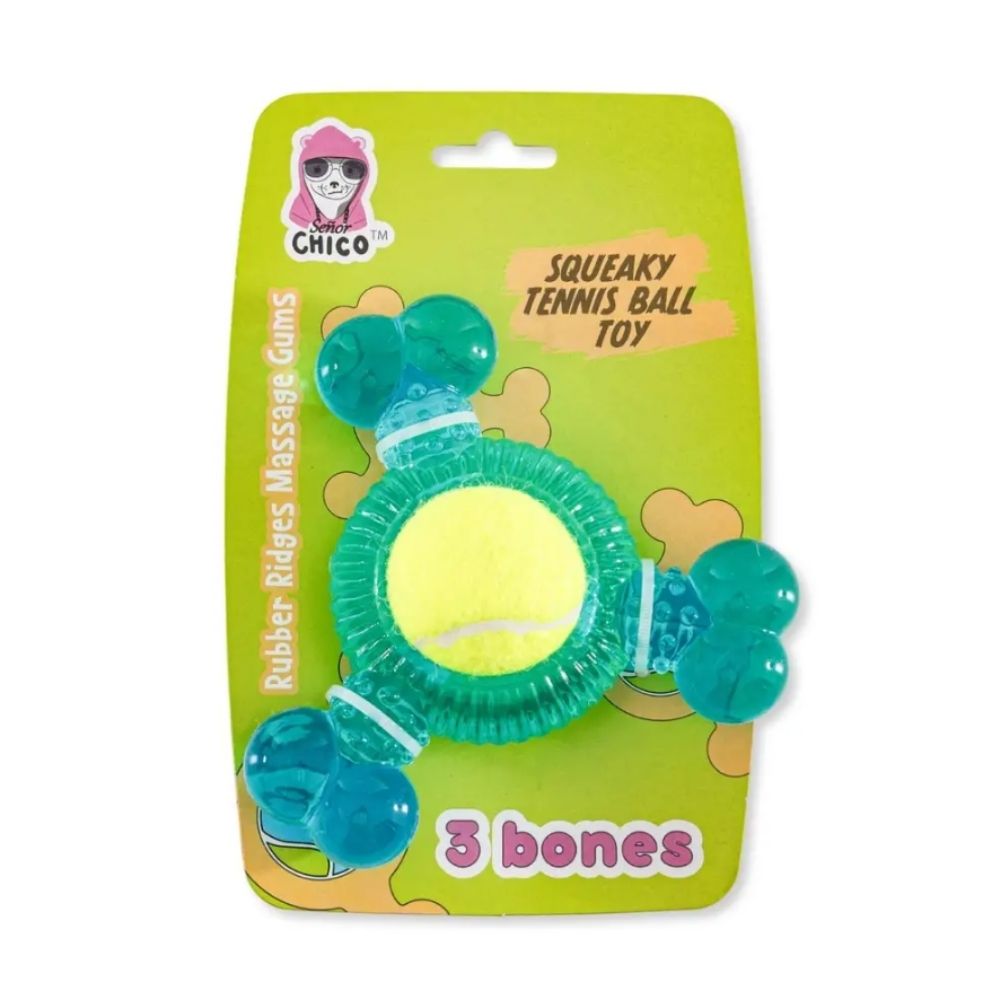 TPR three bone tennis ball squeaky chew toy for dogs