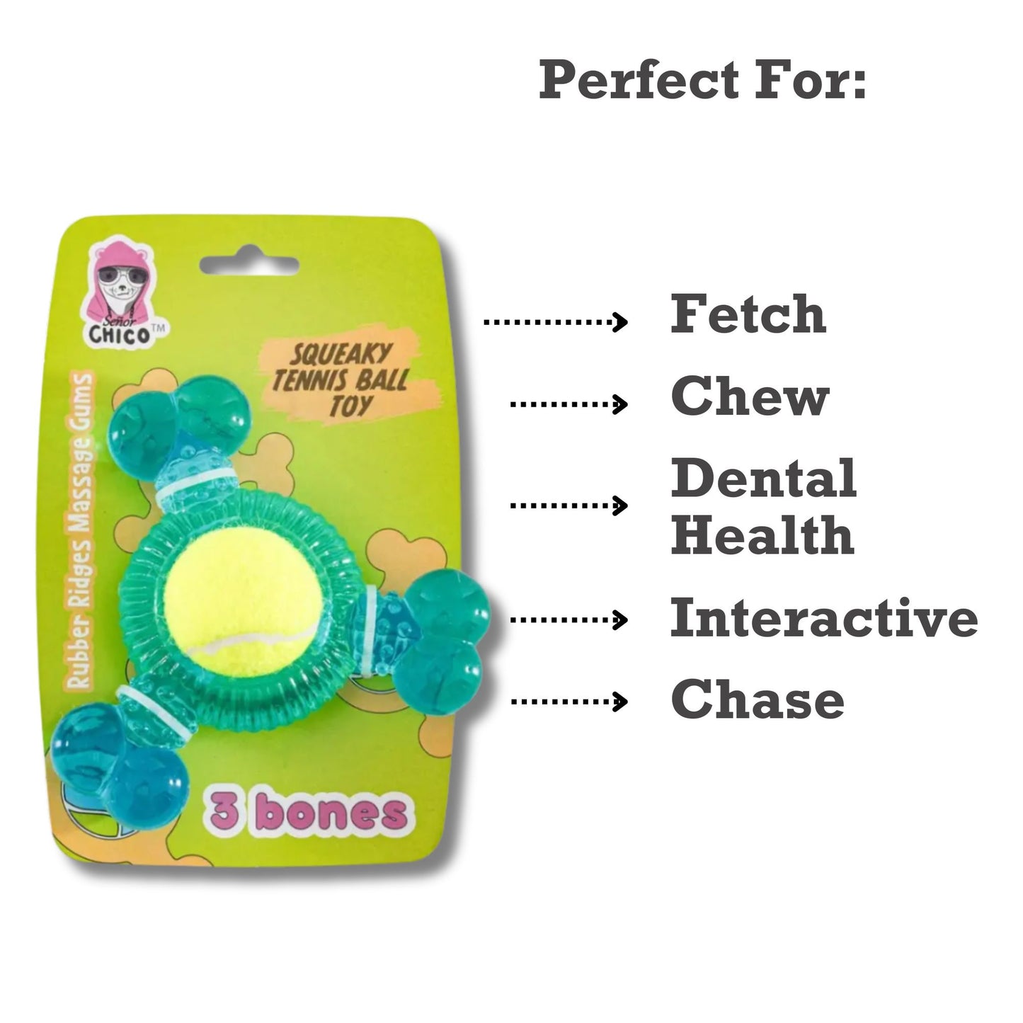 TPR three bone tennis ball squeaky chew toy for dogs