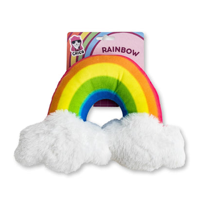 Enchanted rainbow plush dog toy with squeaker and crinkle