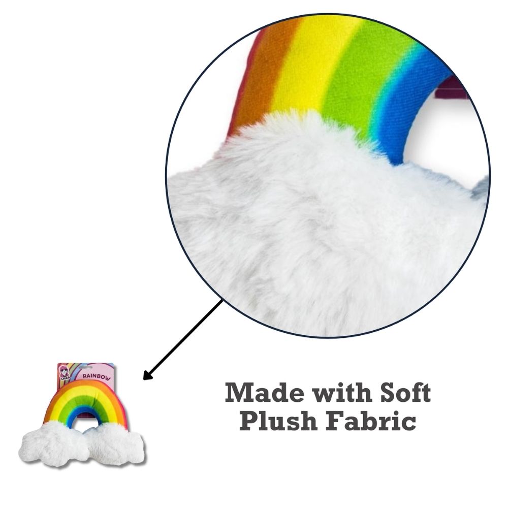 Enchanted rainbow plush dog toy with squeaker and crinkle
