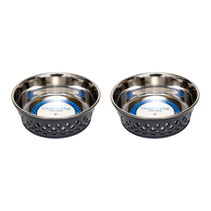 Country Living Set Of 2 Stainless Steel Dog Bowls - Farmhouse Style, Durable & Non-Slip, Ideal for Small/Medium Dogs, Easy Clean Pet Feeder