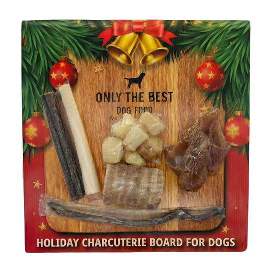Holiday dog charcuterie treat board with natural chews and treats