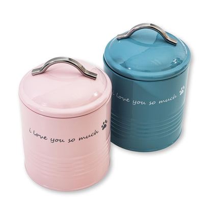 Printed dog treat canister with ‘I Love You So Much’ message