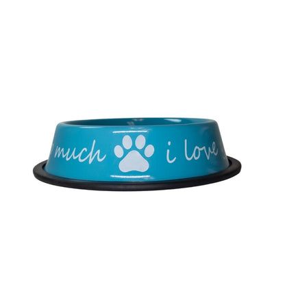 stainless steel dog bowl with I love you message