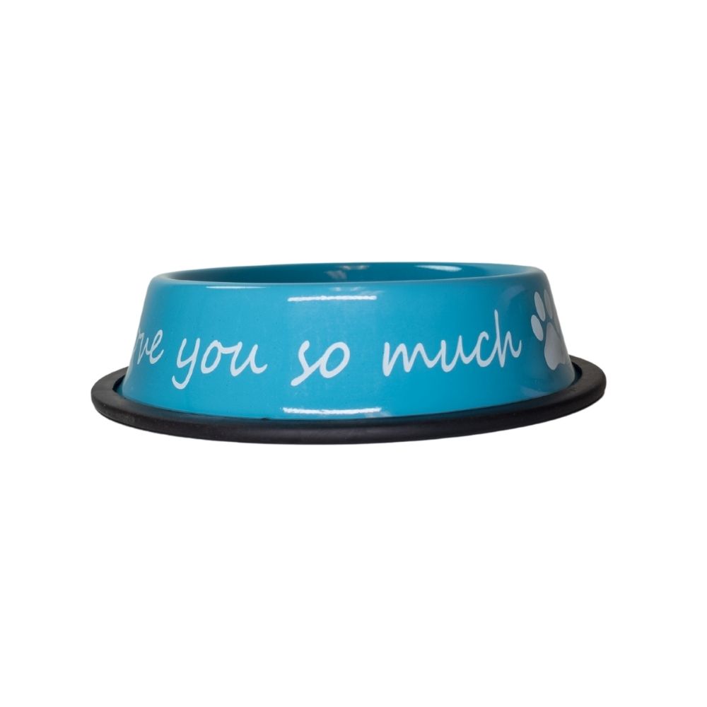 stainless steel dog bowl with I love you message