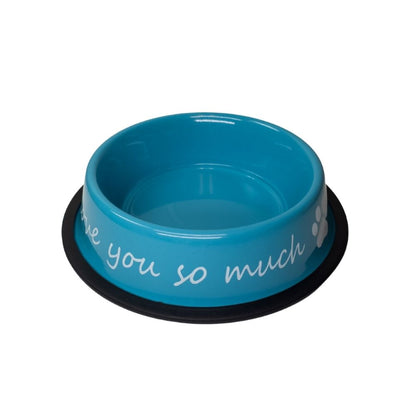 stainless steel dog bowl with I love you message