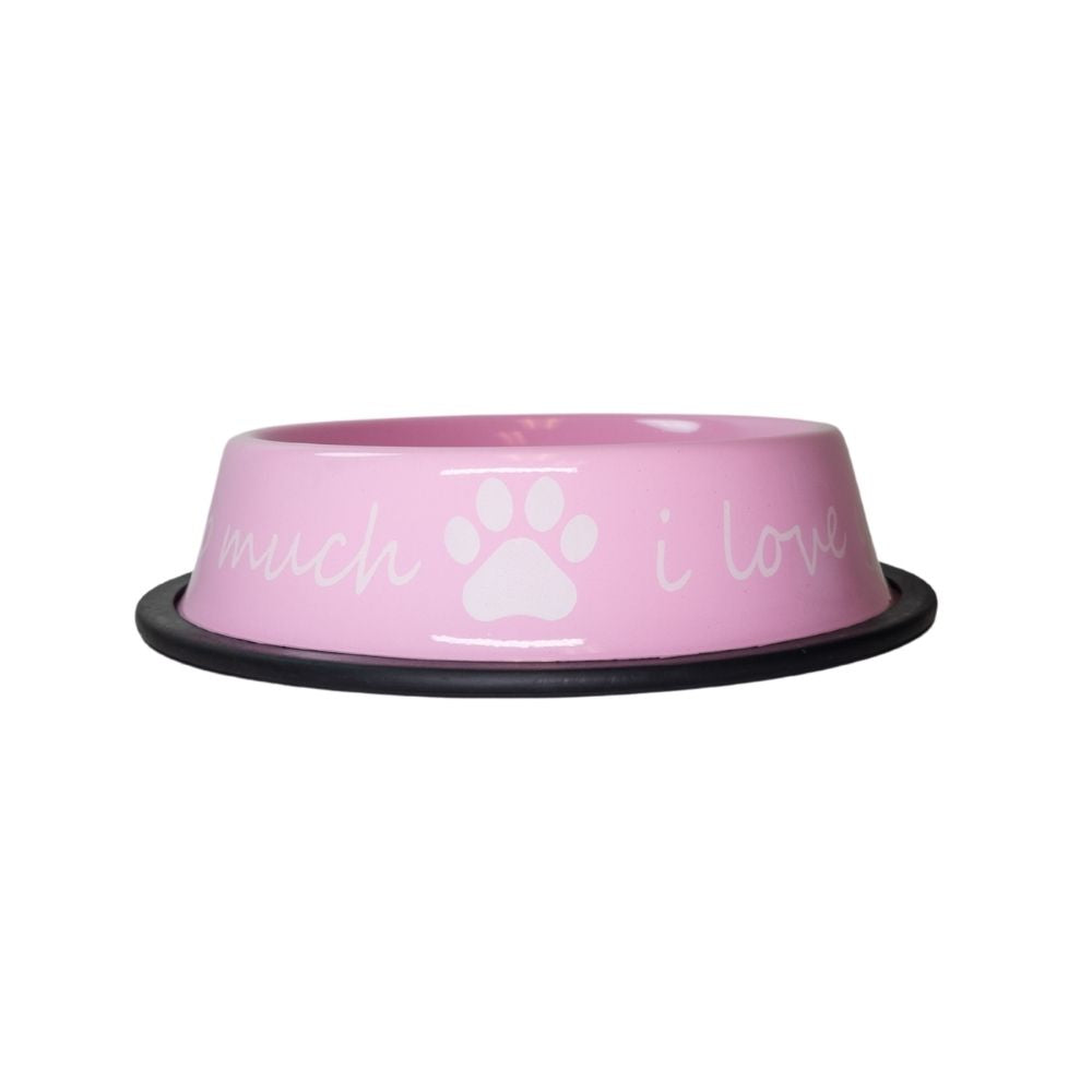 stainless steel dog bowl with I love you message