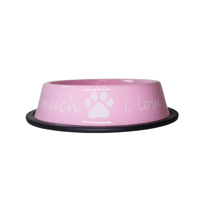 stainless steel dog bowl with I love you message