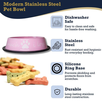 stainless steel dog bowl with I love you message