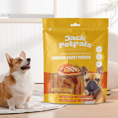 Jack PetPals chicken sweet potato bites dog treats 6 pack hanging clip strip display