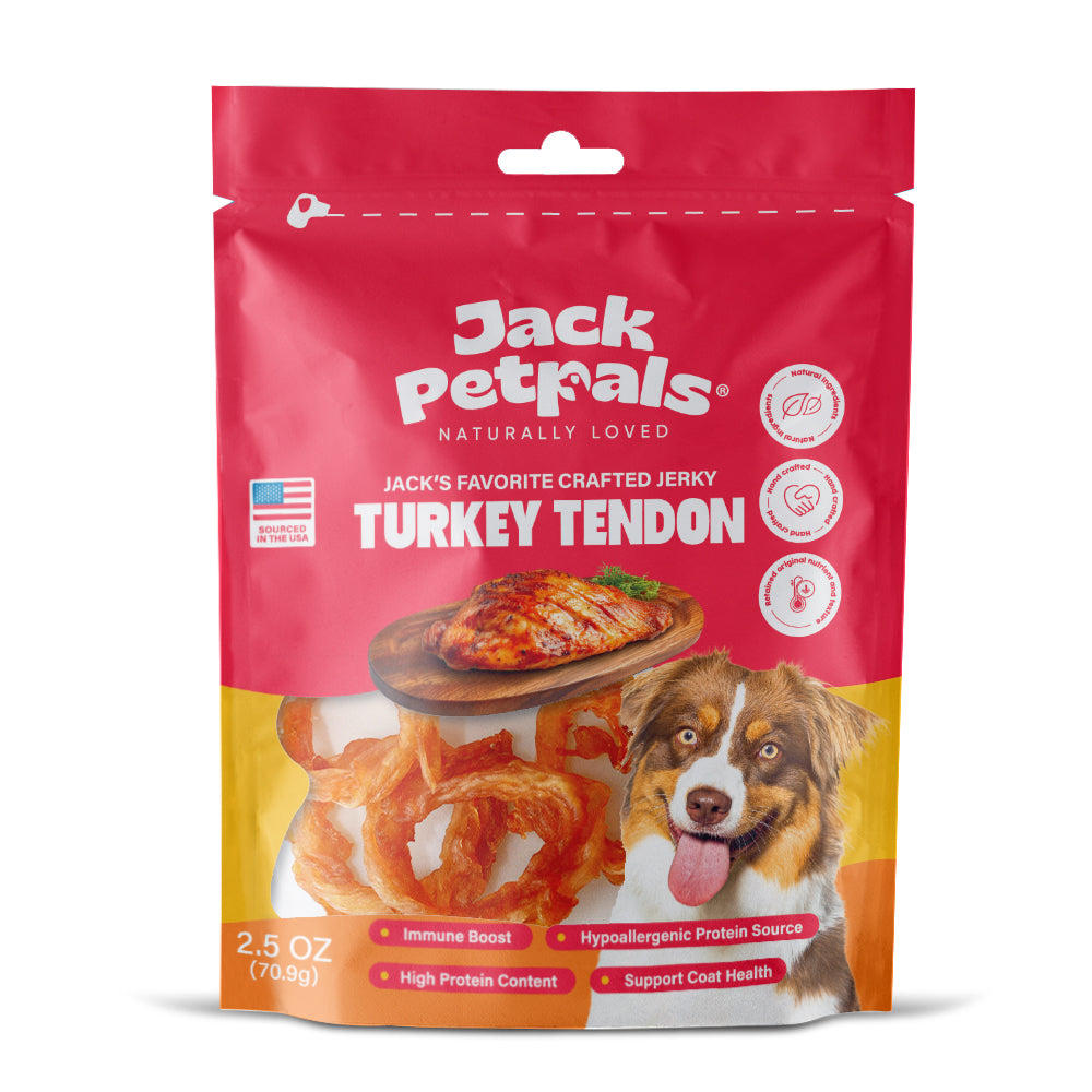 Jack’s Favorite turkey tendon jerky dog treats 6 pack hanging clip strip display