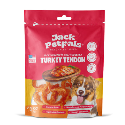 Jack’s Favorite turkey tendon jerky dog treats 6 pack hanging clip strip display