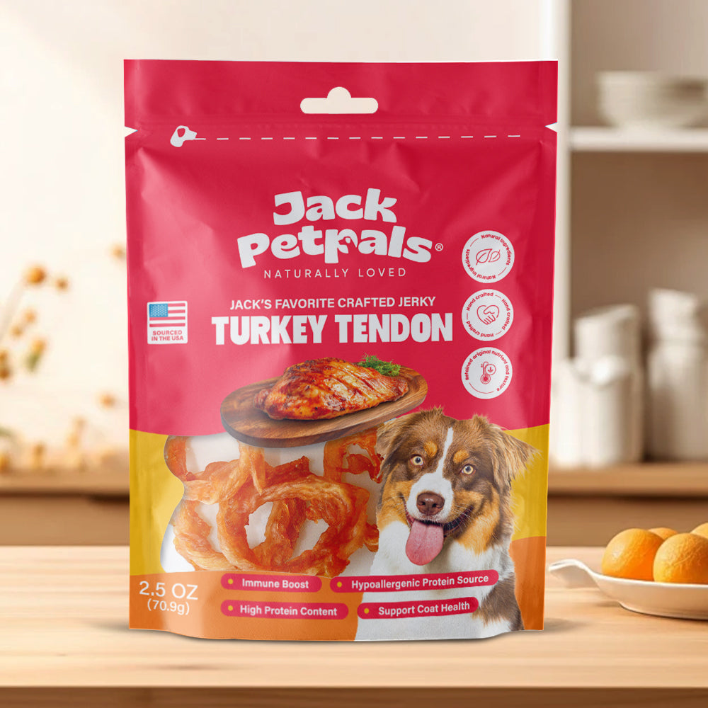 Jack’s Favorite turkey tendon jerky dog treats 6 pack hanging clip strip display